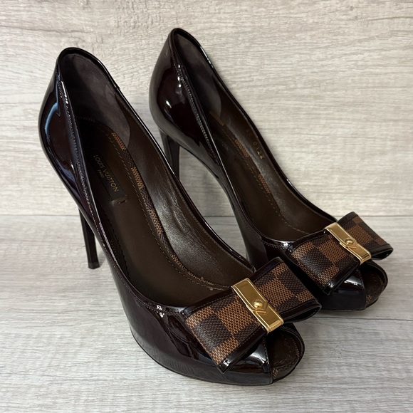 Louis Vuitton Shoes - Louis Vuitton Valentine Damier Ebene Brown Patent Leather Peep-Toe Heels 38.5